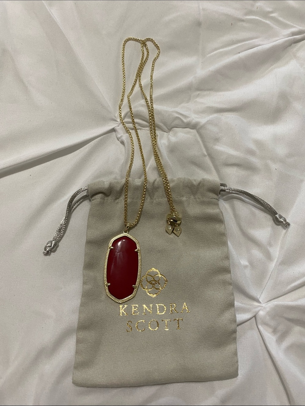 Kendra Scott Gold Long Adjustable Pendant Necklace with Maroon Deep Red Stone